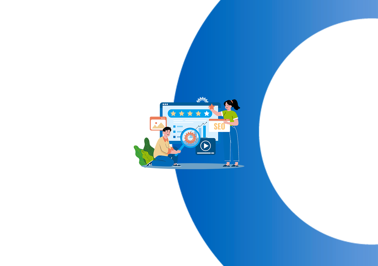 Graphic of two people around computer using AI tools for SEO