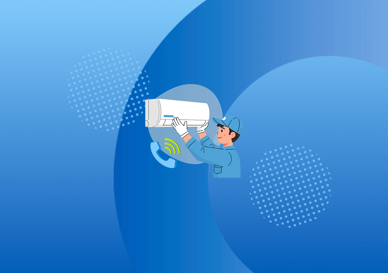 HVAC tech fixing unit while phone rings