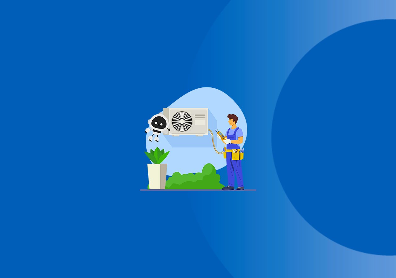 HVAC tech working on heat pump with help of AI robot