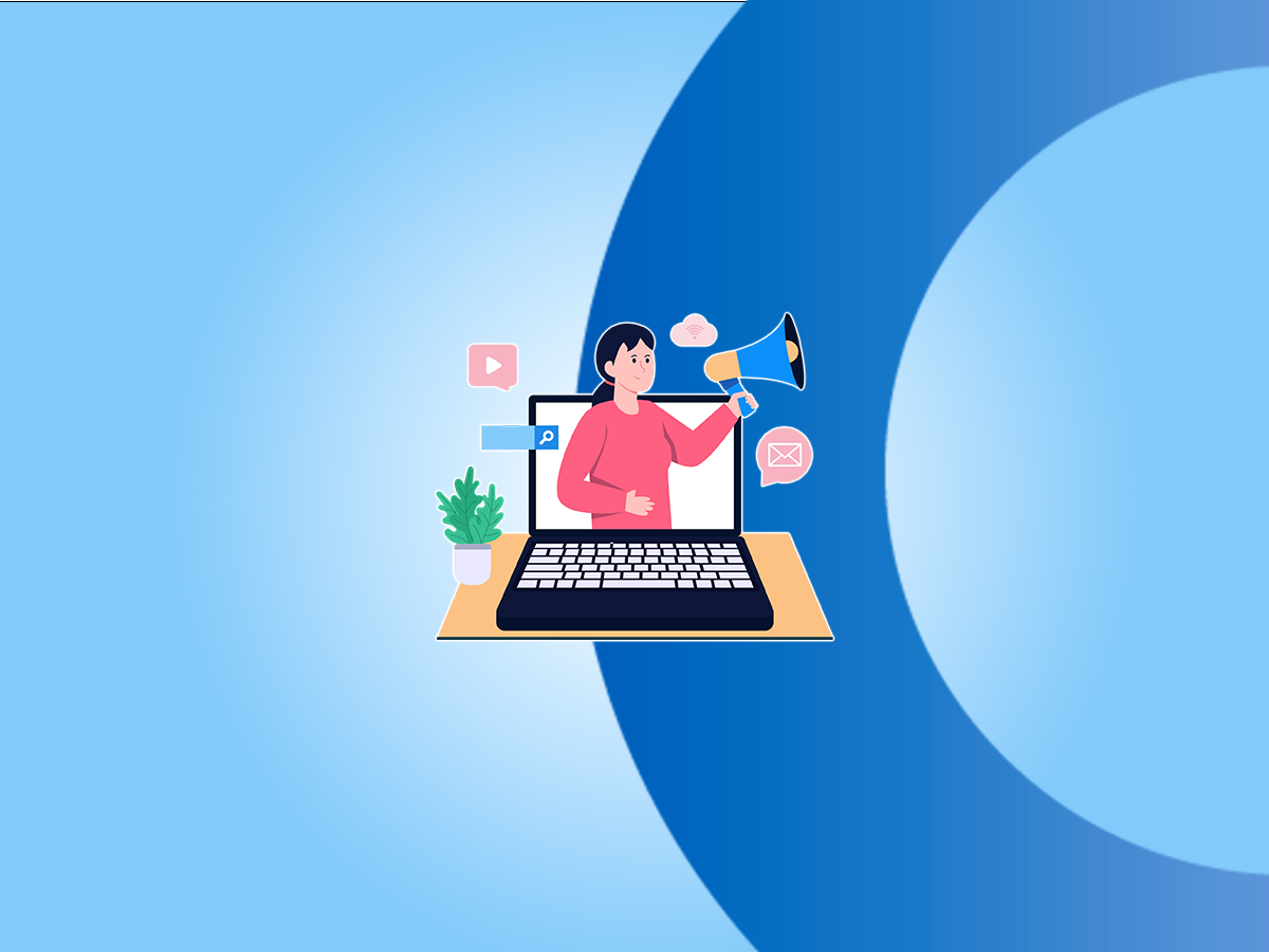 Lady poking out of computer screen with social icons