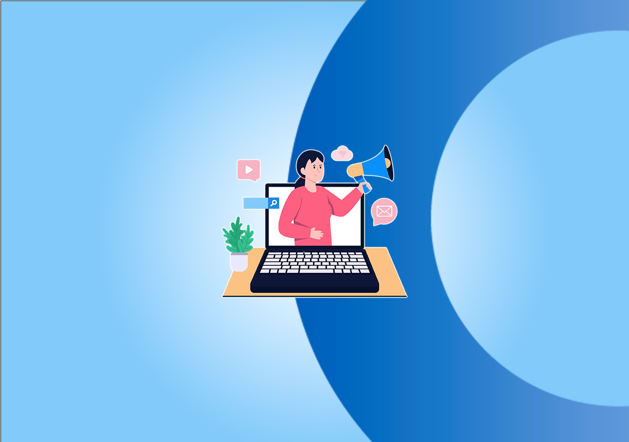 Lady poking out of computer screen with social icons